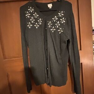a new day Charcoal Cardigan with rhinestone embellished floral accents